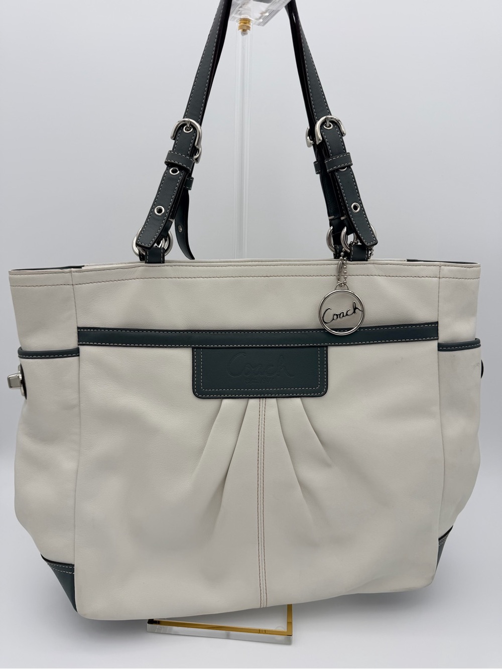 Coach Tote Leather Off White Gray Grey Bag Silver Hardware F14673 Purple